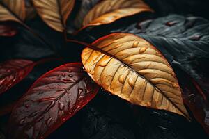 Close up of beautiful autumn leaves with water drops. Natural background AI generated photo