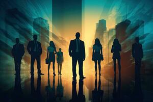 Silhouettes of business people standing in front of the city background AI Generated photo