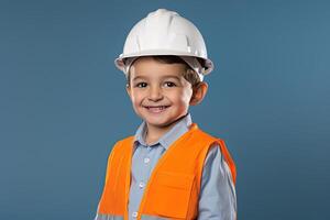 retrato de un linda pequeño chico en un construcción casco ai generado foto