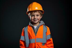 Portrait of a cute little boy in a construction helmet AI Generated photo