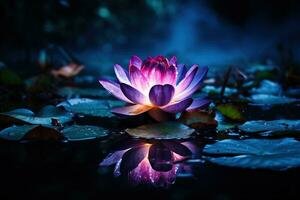 Beautiful pink water lily or lotus flower on dark background AI Generated photo