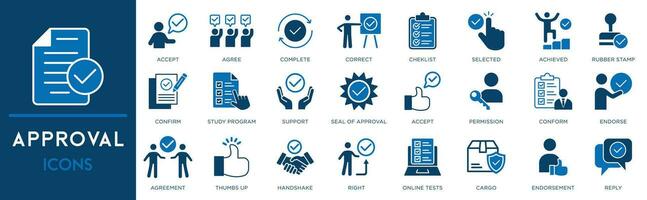 Approval icon set. Containing accept, certified, thumps up, agreement, approve, validation, seal approved, confirmation and decision icons. vector