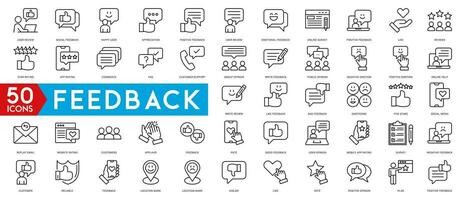 Feedback Outline Icon Collection. Thin Line Set contains such Icons as Rating, Testimonials, Quick Response, Satisfaction and more. Simple web icons vector