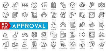 Approval icon set. Containing accept, certified, thumps up, agreement, approve, validation, seal approved, confirmation and decision icons. vector