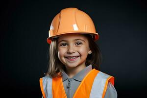 retrato de un sonriente pequeño niña en un construcción casco ai generado foto