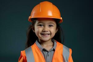 retrato de un sonriente pequeño niña en un construcción casco ai generado foto