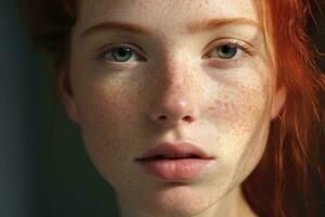 a close up of a woman with freckles AI generated photo