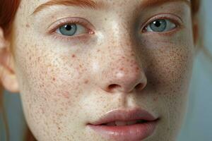 a close up of a woman with freckles,rosacea couperose redness skin AI generated photo