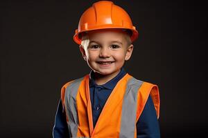 retrato de un linda pequeño chico en un construcción casco ai generado foto