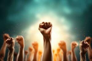 Raised hands on abstract background. Human rights and freedom concept. photo