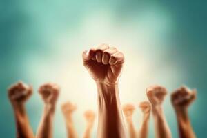 Raised hands on abstract background. Human rights and freedom concept. photo