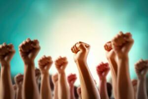 Raised hands on abstract background. Human rights and freedom concept. photo