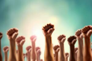 Raised hands on abstract background. Human rights and freedom concept. photo