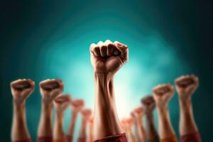 Raised hands on abstract background. Human rights and freedom concept. photo