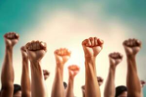 Raised hands on abstract background. Human rights and freedom concept. photo