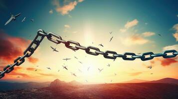 Conceptual image of broken chain against blue sky with white clouds photo