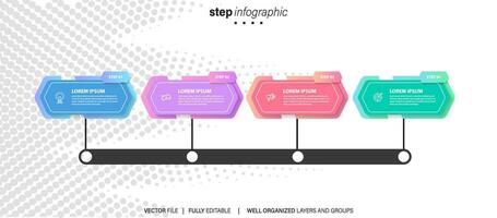 Timeline infographic with infochart. Modern presentation template with 6 spets for business process. Website template on white background for concept modern design. Horizontal layout. vector