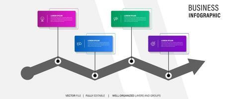 negocio proceso etapa infografia modelo diagrama bandera con largo rectángulo caja vertical dirección y 4 4 punto paso creativo diseño para diapositiva presentación datos vector