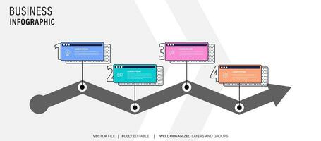 negocio proceso etapa infografia modelo diagrama bandera con largo rectángulo caja vertical dirección y 4 4 punto paso creativo diseño para diapositiva presentación datos vector