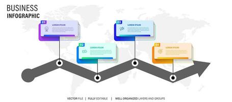 diseño infográfico de línea de tiempo con 4 opciones o pasos. infografías para el concepto de negocio. se puede usar para presentaciones, diseño de flujo de trabajo, banner, proceso, diagrama, diagrama de flujo, gráfico de información, informe anual. vector