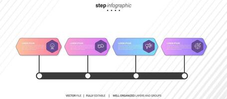 diseño infográfico de línea de tiempo con 4 opciones o pasos. infografías para el concepto de negocio. se puede usar para presentaciones, diseño de flujo de trabajo, banner, proceso, diagrama, diagrama de flujo, gráfico de información, informe anual. vector