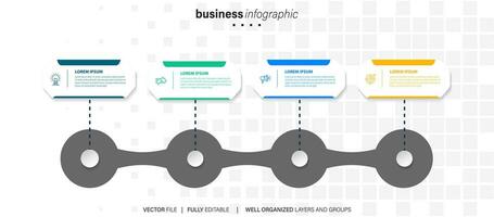 Timeline infographic with infochart. Modern presentation template with 4 steps for business process. Website template on white background for concept modern design. Horizontal layout. vector