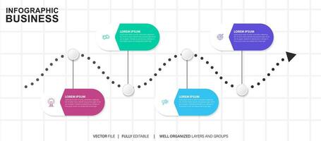 plantilla de infografía empresarial. línea de tiempo con 4 pasos, círculos, opciones e iconos de marketing. elementos infográficos lineales vectoriales. vector