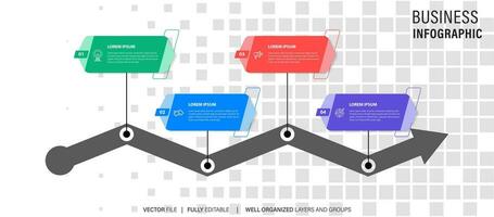 Timeline infographic with infochart. Modern presentation template with 4 steps for business process. Website template on white background for concept modern design. Horizontal layout. vector