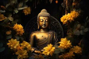 buddha statue surrounded by yellow flowers AI Generated photo