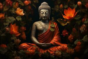 Buddha statue surrounded by orange flowers on a black background AI Generated photo