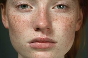 a close up of a woman with freckles AI generated photo