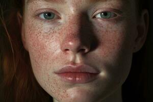 a close up of a woman with freckles AI generated photo