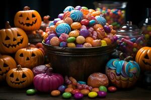 Ai Generated. Halloween candies and sweets on dark background photo