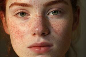 a close up of a woman with freckles AI generated photo