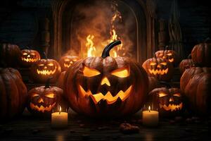 Halloween pumpkin head jack lantern with candles on dark background. Halloween concept AI Generated photo