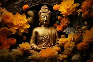 buddha statue surrounded by yellow flowers AI Generated photo