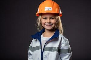 retrato de un sonriente pequeño niña en un construcción casco ai generado foto