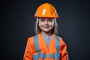 retrato de un sonriente pequeño niña en un construcción casco ai generado foto