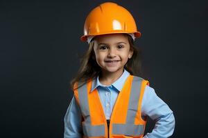 retrato de un sonriente pequeño niña en un construcción casco ai generado foto