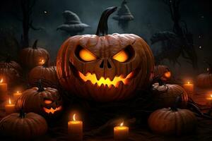 Halloween pumpkin head jack lantern with candles on dark background. Halloween concept AI Generated photo