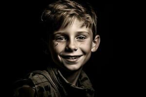 Portrait of a cute little boy in military uniform on dark background AI Generated photo