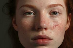 a close up of a woman with freckles AI generated photo