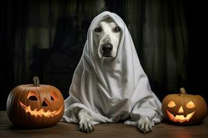 Víspera de Todos los Santos tema. perro en fantasma disfraz con calabazas en oscuro antecedentes ai generado foto