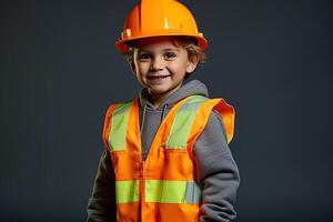 retrato de un linda pequeño chico en un construcción casco ai generado foto