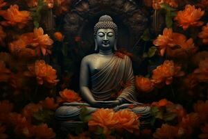 Buddha statue surrounded by orange flowers on a black background AI Generated photo