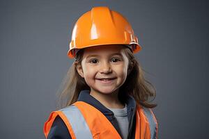 Portrait of a smiling little girl in a construction helmet photo