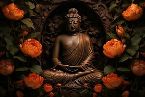 Buddha statue surrounded by orange flowers on a black background AI Generated photo