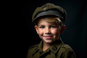 retrato de un linda pequeño chico en militar uniforme en oscuro antecedentes ai generado foto