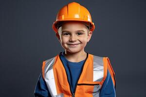 retrato de un linda pequeño chico en un construcción casco ai generado foto