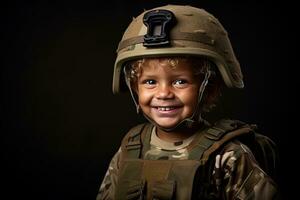 retrato de un linda pequeño chico en militar uniforme en oscuro antecedentes ai generado foto